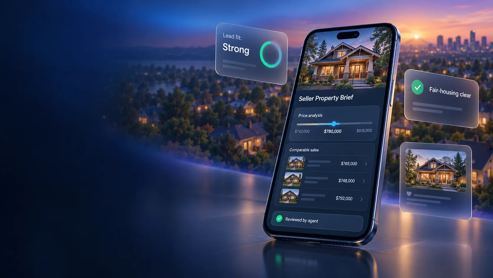 HearthDraft's seller property brief on a phone, with lead-fit, fair-housing and social post cards floating beside it over a neighborhood at dusk.
