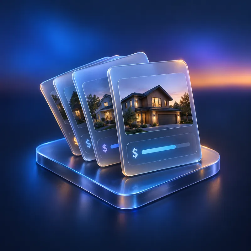 A fanned stack of glass cards, each showing a house photo and a price bar.