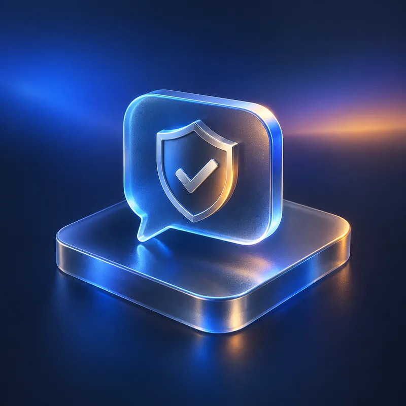 A glass chat bubble with a shield and checkmark embossed on it.