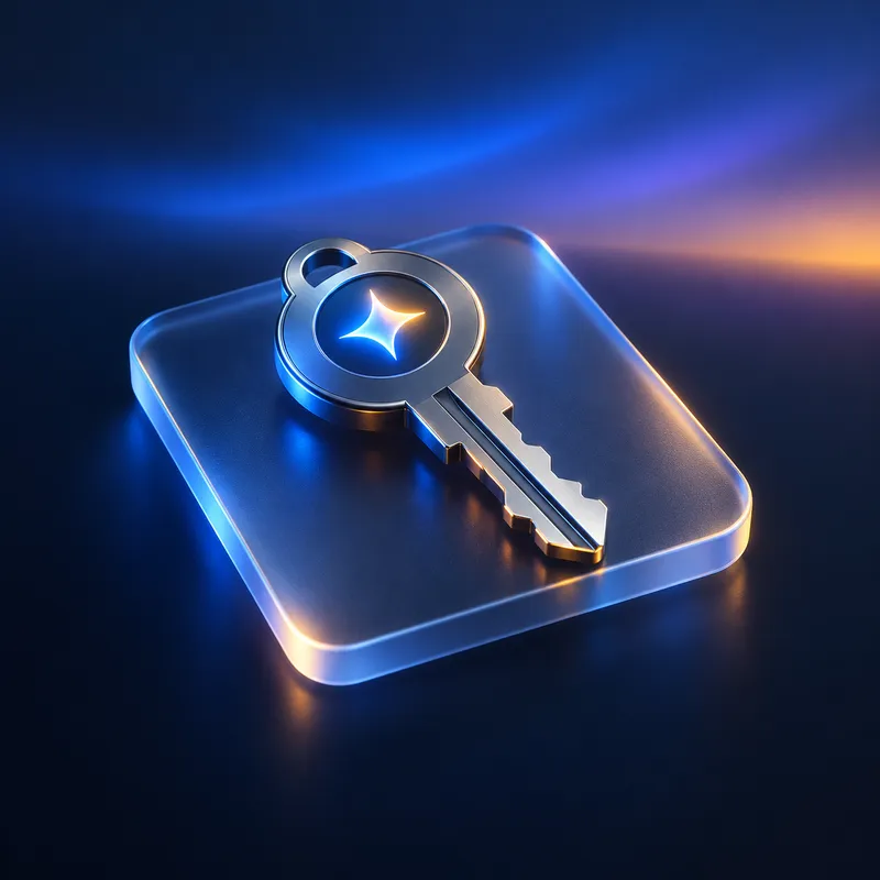 A brushed-metal house key with a glowing spark set into its bow, resting on a glass tile.