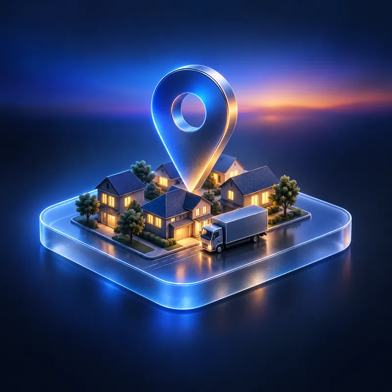 A glowing map pin standing over a small block of houses with a moving truck on the street.