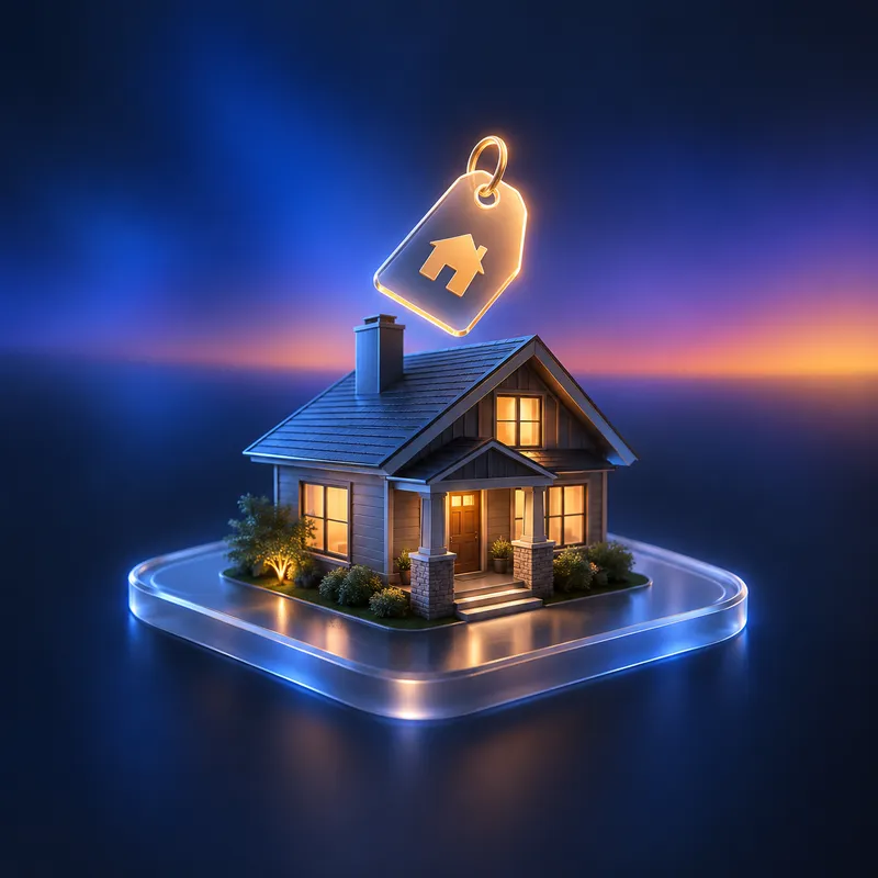 A small craftsman house on a glass tile with a glowing price tag floating above its roof.