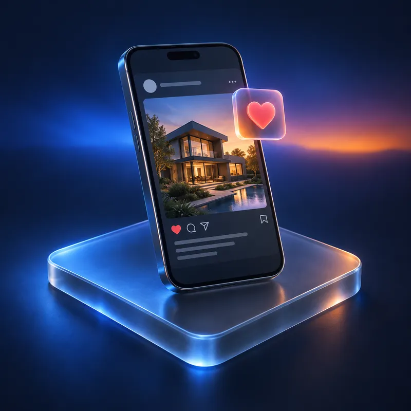 A phone showing a social post of a modern house at dusk, with a glowing heart icon beside it.